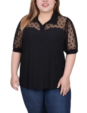 Black Short Sleeve Top With Dotted Mesh - Plus