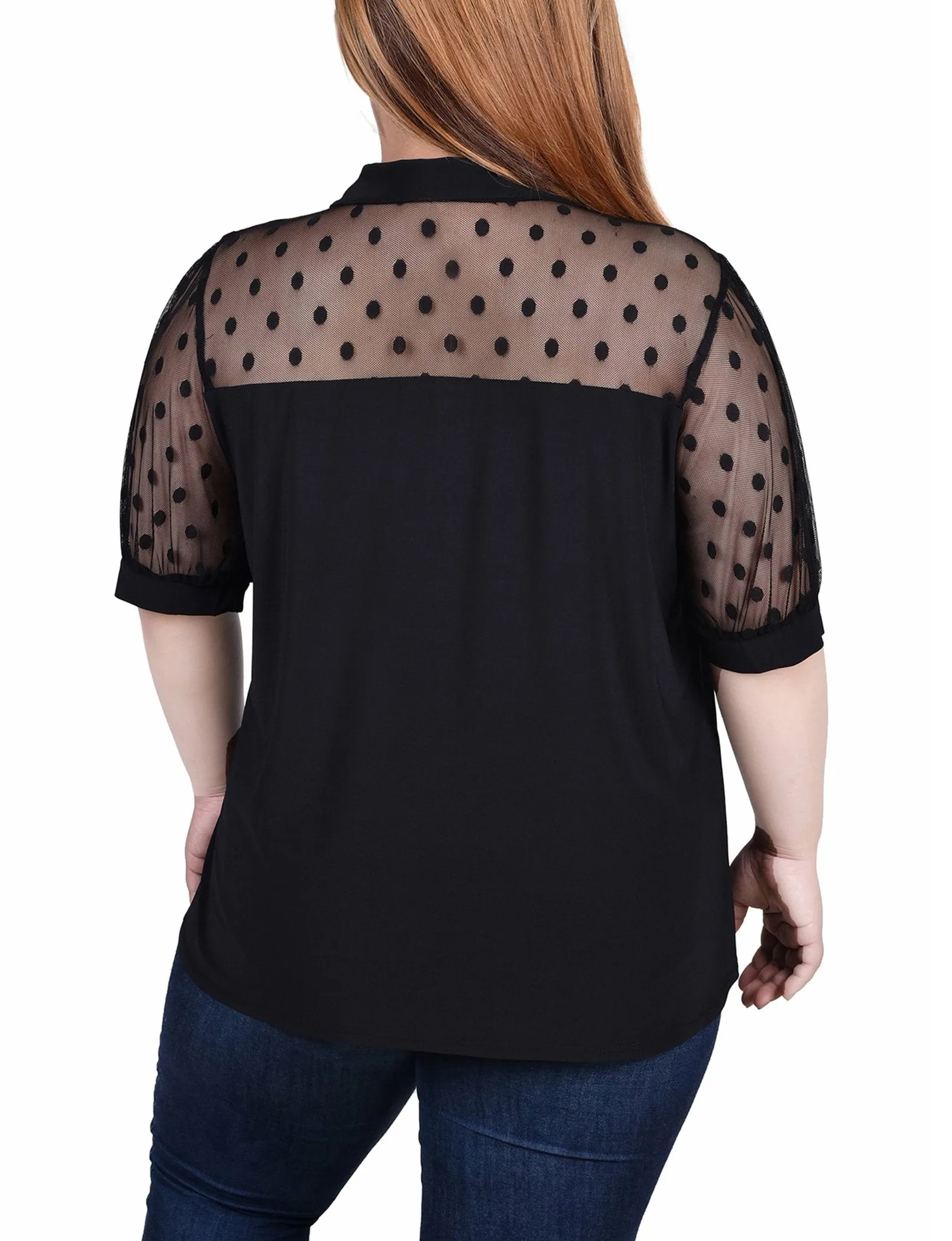 Black Short Sleeve Top With Dotted Mesh - Plus
