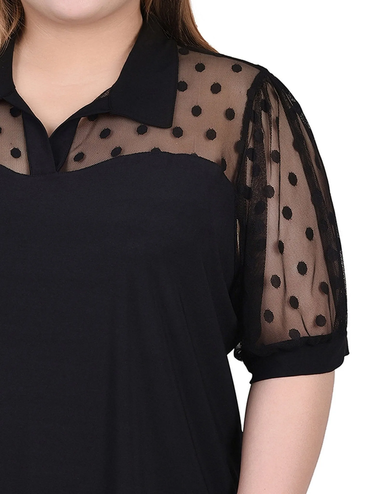 Black Short Sleeve Top With Dotted Mesh - Plus