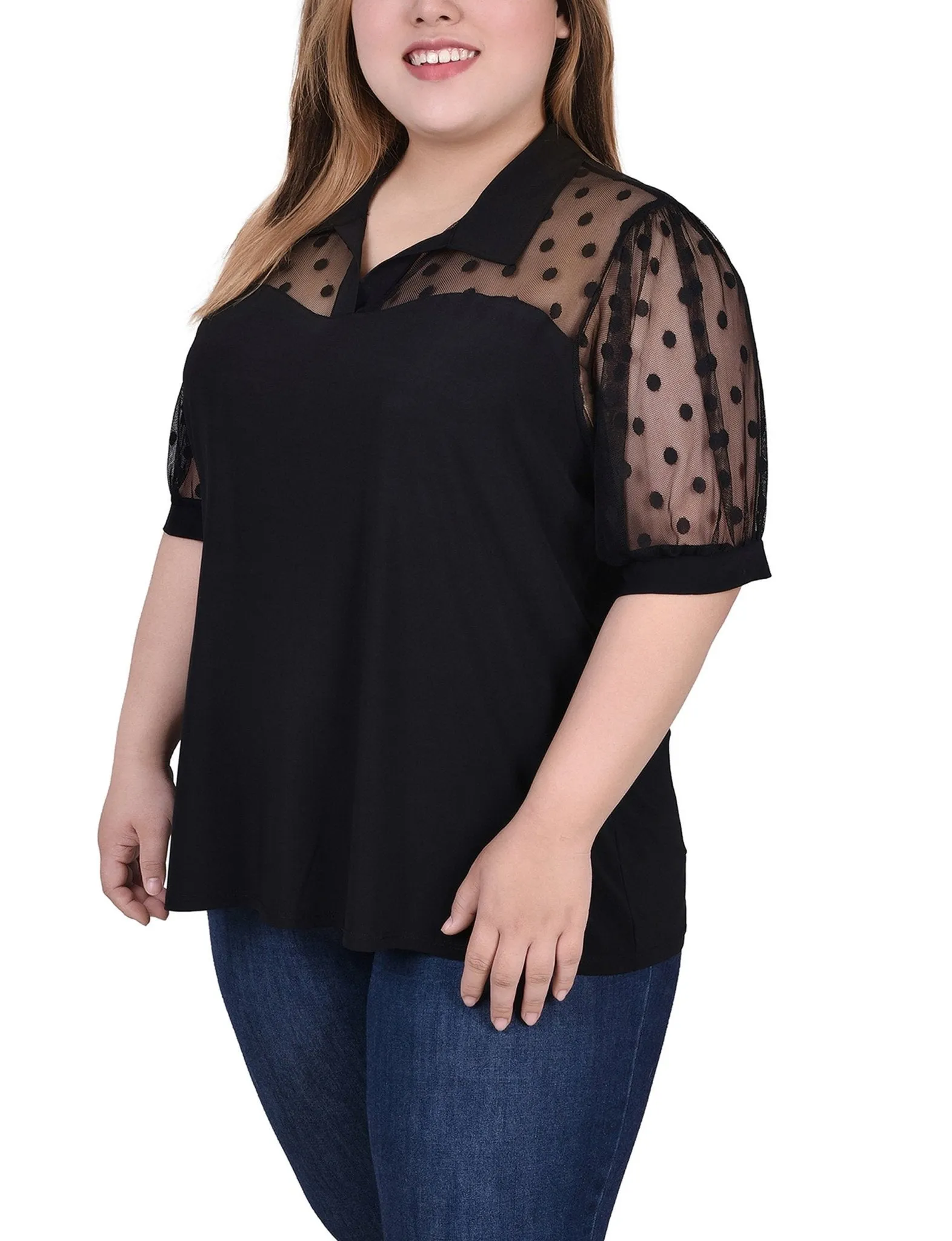 Black Short Sleeve Top With Dotted Mesh - Plus