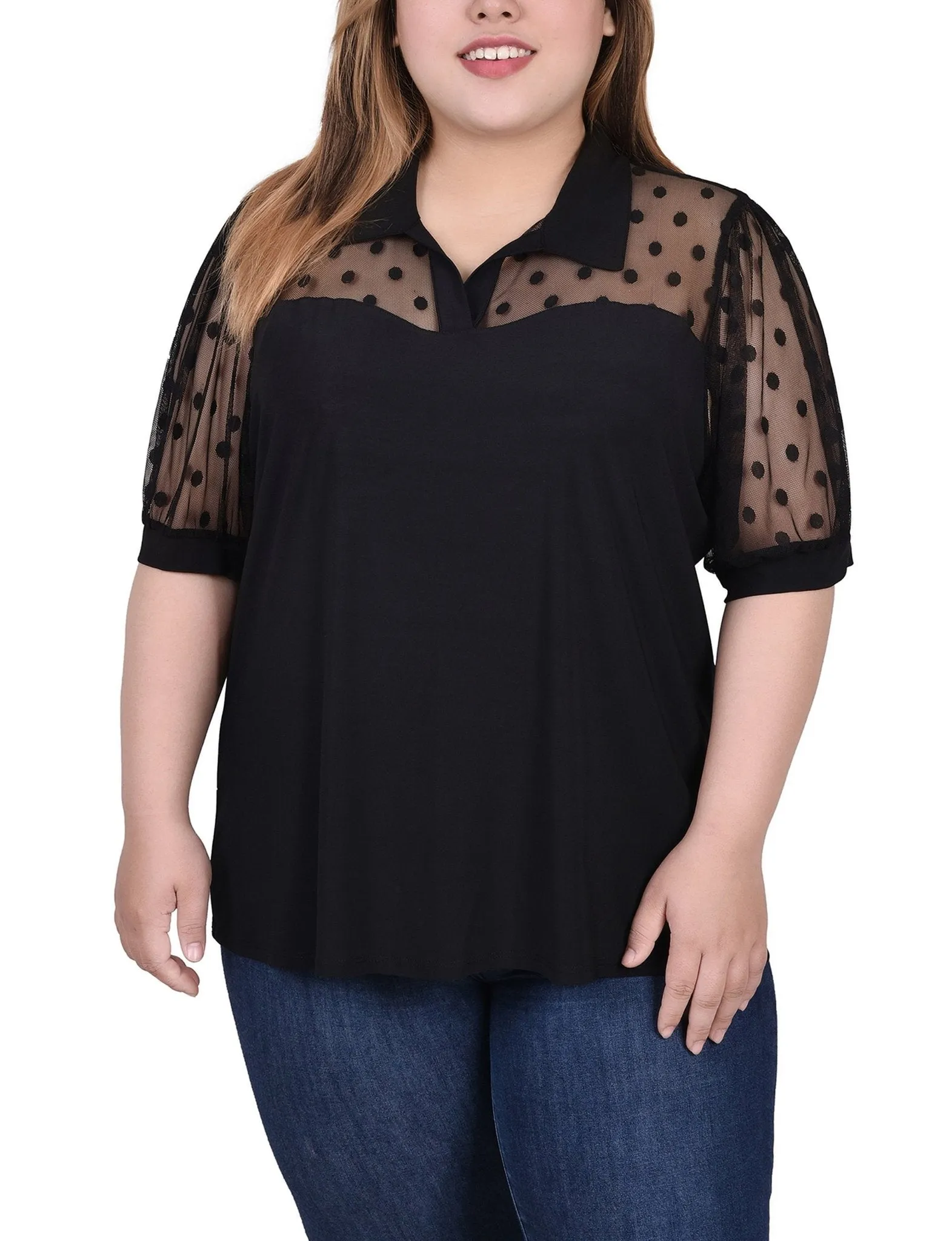 Black Short Sleeve Top With Dotted Mesh - Plus