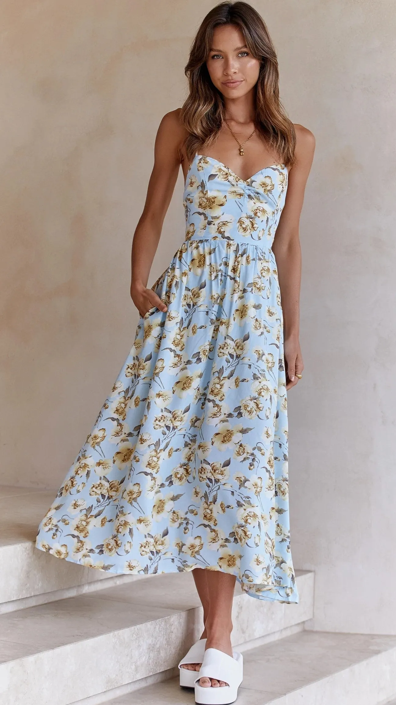 Blue Floral Backless Slip Midi Dress