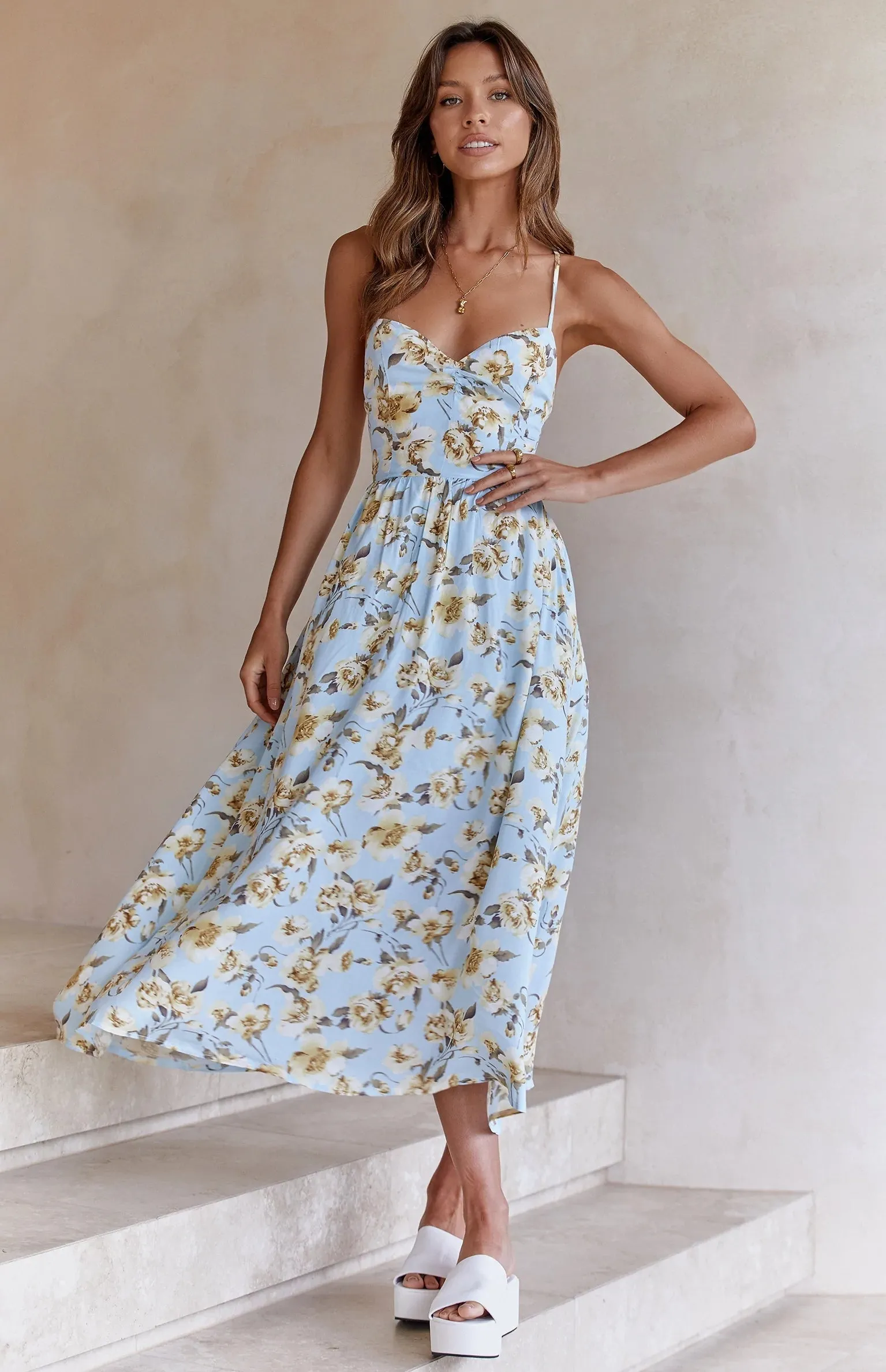 Blue Floral Backless Slip Midi Dress