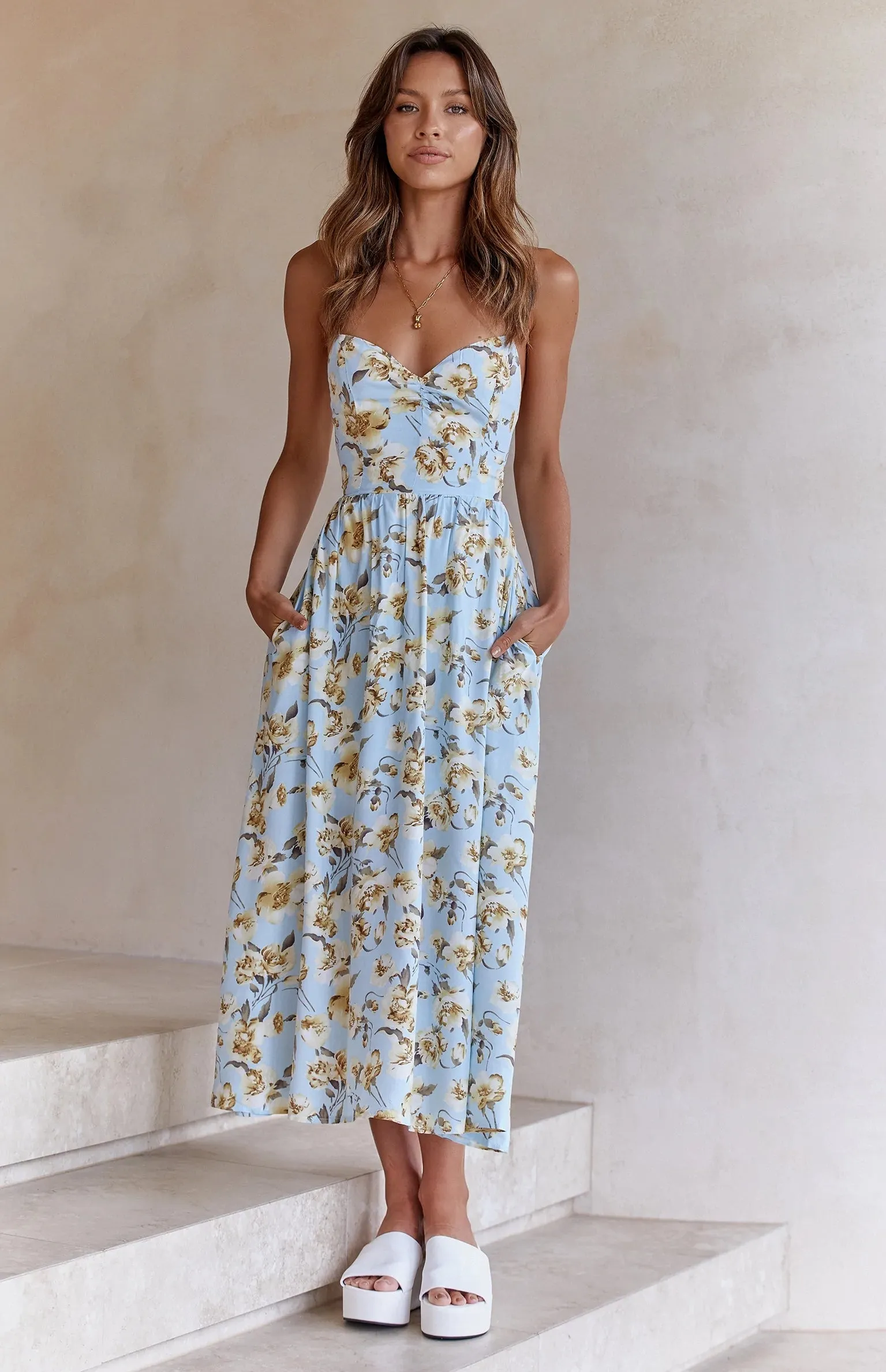 Blue Floral Backless Slip Midi Dress