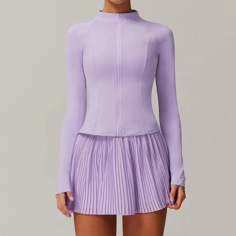Solid Color Stretchy Collar Zip-Up Jacket And Pleated Mini Skirt Set