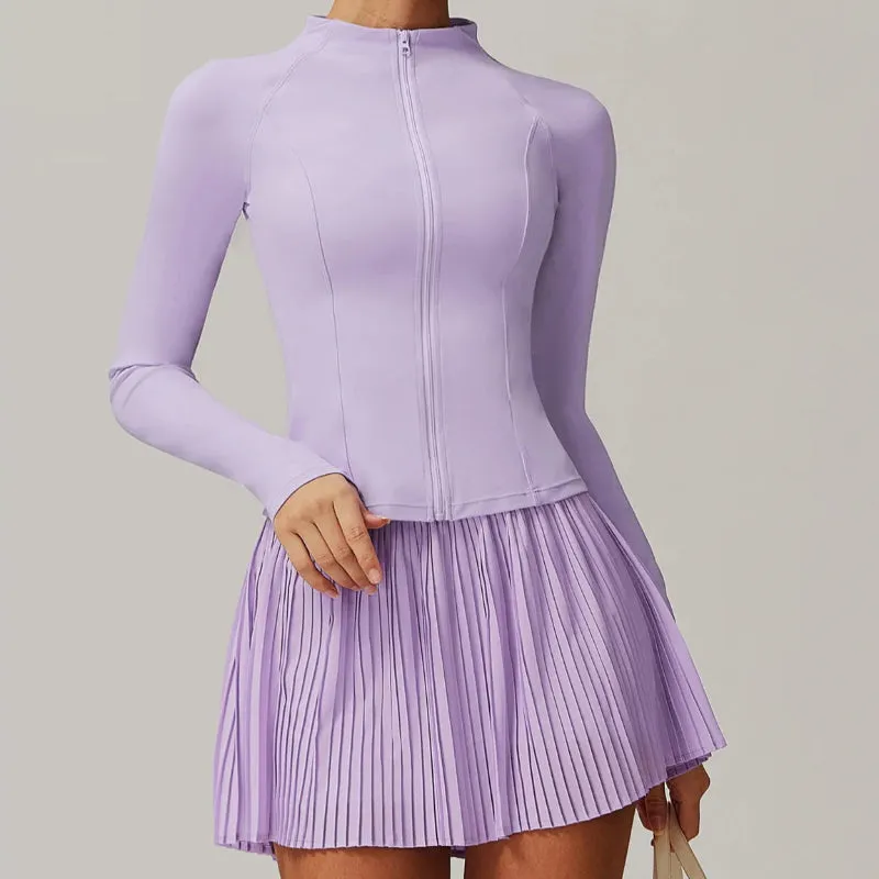Solid Color Stretchy Collar Zip-Up Jacket And Pleated Mini Skirt Set