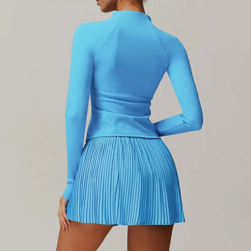 Solid Color Stretchy Collar Zip-Up Jacket And Pleated Mini Skirt Set