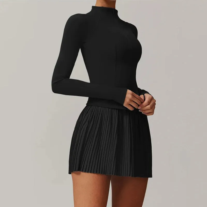 Solid Color Stretchy Collar Zip-Up Jacket And Pleated Mini Skirt Set