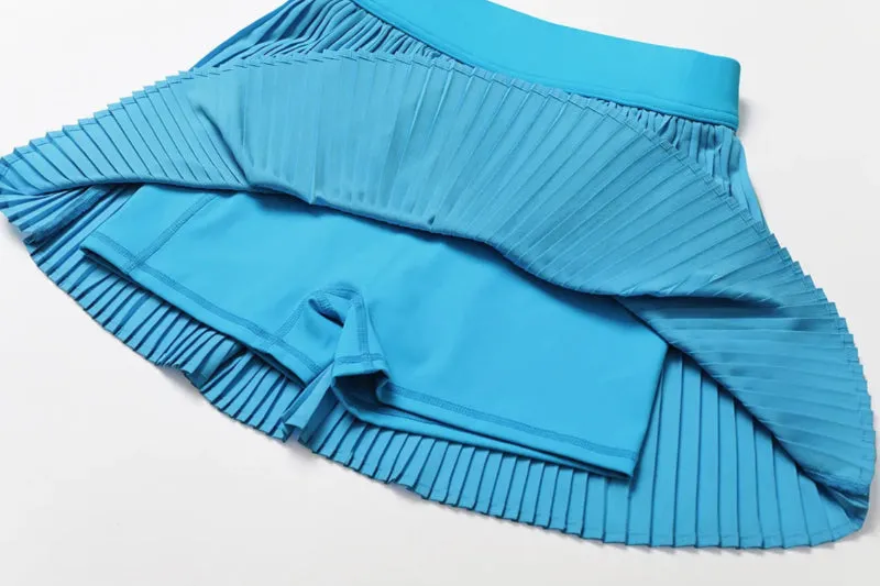 Solid Color Stretchy Collar Zip-Up Jacket And Pleated Mini Skirt Set