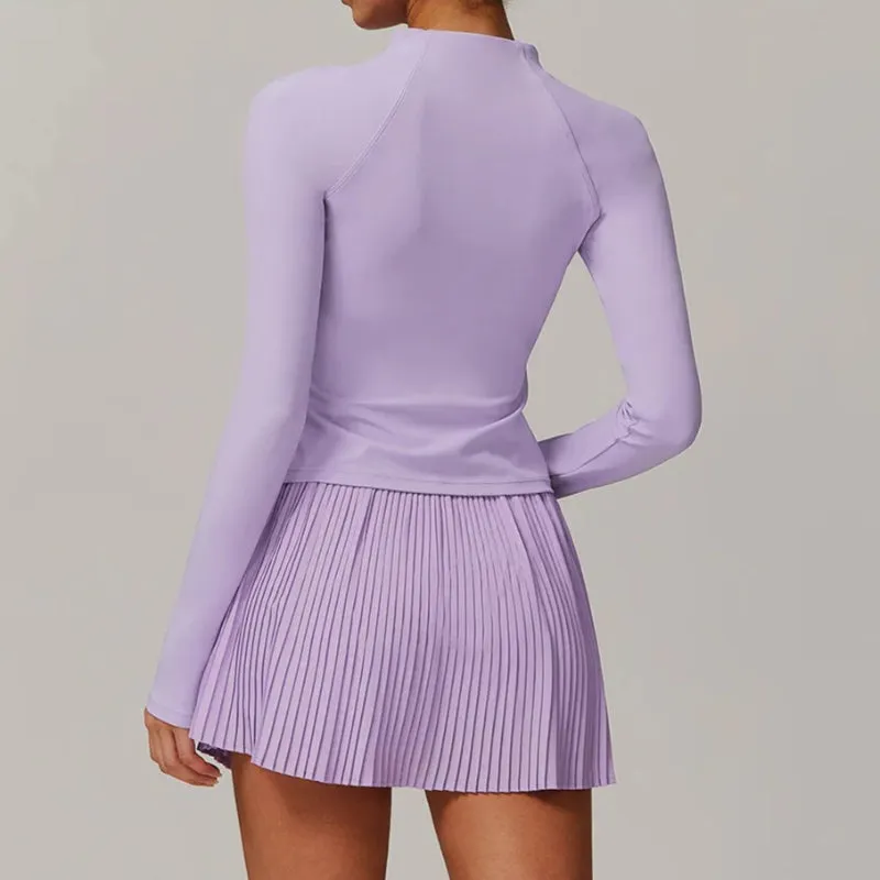 Solid Color Stretchy Collar Zip-Up Jacket And Pleated Mini Skirt Set