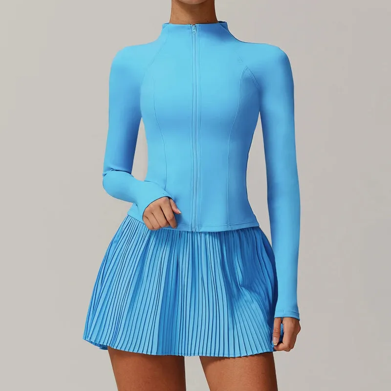Solid Color Stretchy Collar Zip-Up Jacket And Pleated Mini Skirt Set