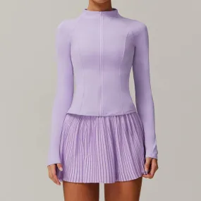 Solid Color Stretchy Collar Zip-Up Jacket And Pleated Mini Skirt Set