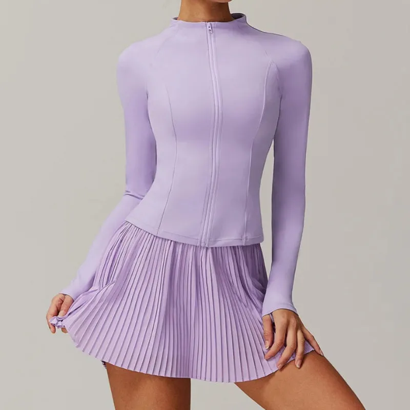 Solid Color Stretchy Collar Zip-Up Jacket And Pleated Mini Skirt Set