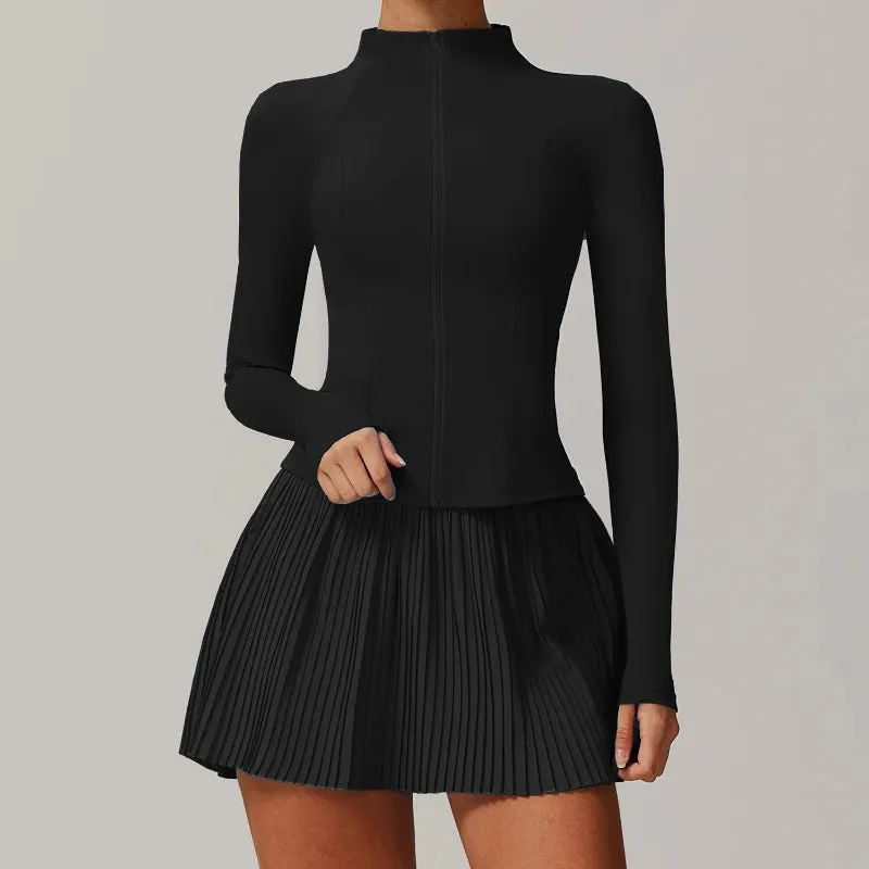 Solid Color Stretchy Collar Zip-Up Jacket And Pleated Mini Skirt Set