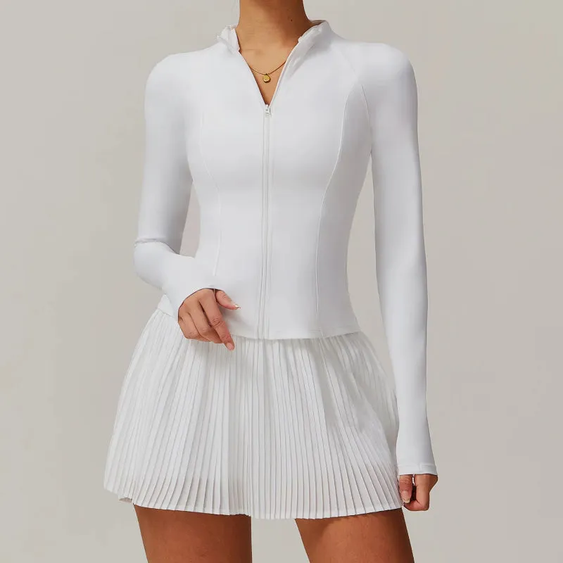 Solid Color Stretchy Collar Zip-Up Jacket And Pleated Mini Skirt Set