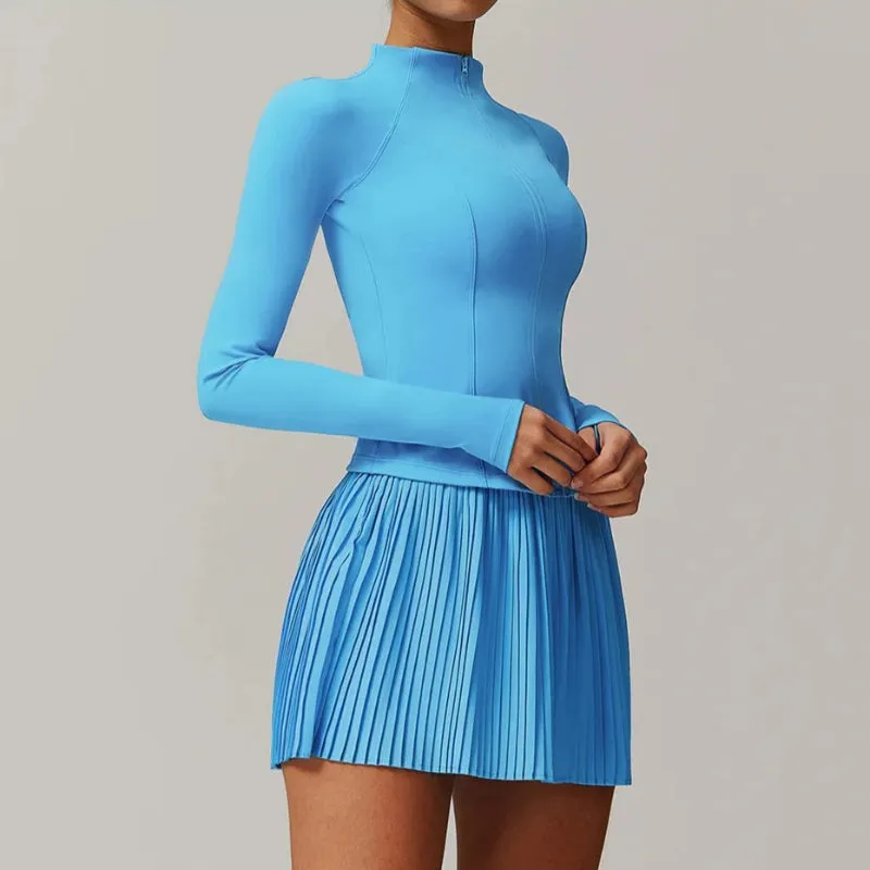 Solid Color Stretchy Collar Zip-Up Jacket And Pleated Mini Skirt Set
