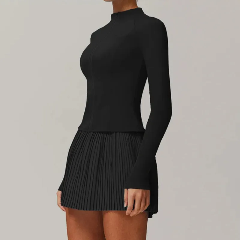 Solid Color Stretchy Collar Zip-Up Jacket And Pleated Mini Skirt Set
