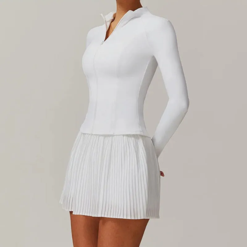 Solid Color Stretchy Collar Zip-Up Jacket And Pleated Mini Skirt Set