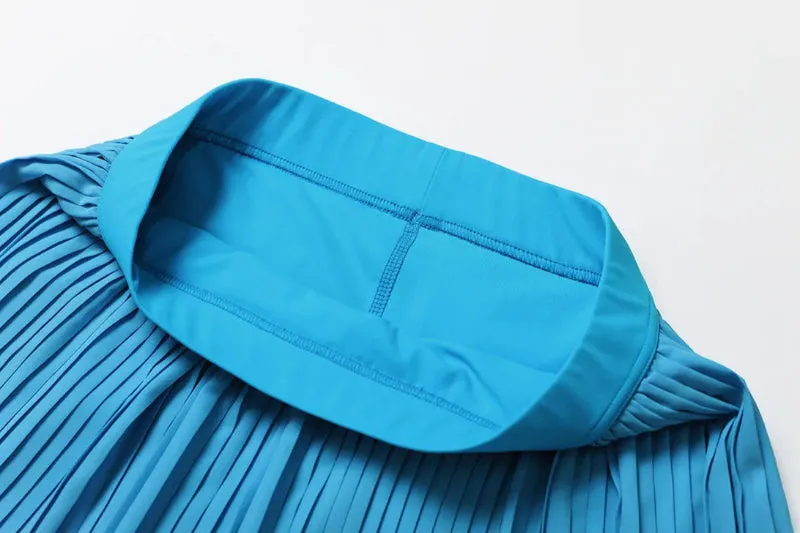 Solid Color Stretchy Collar Zip-Up Jacket And Pleated Mini Skirt Set