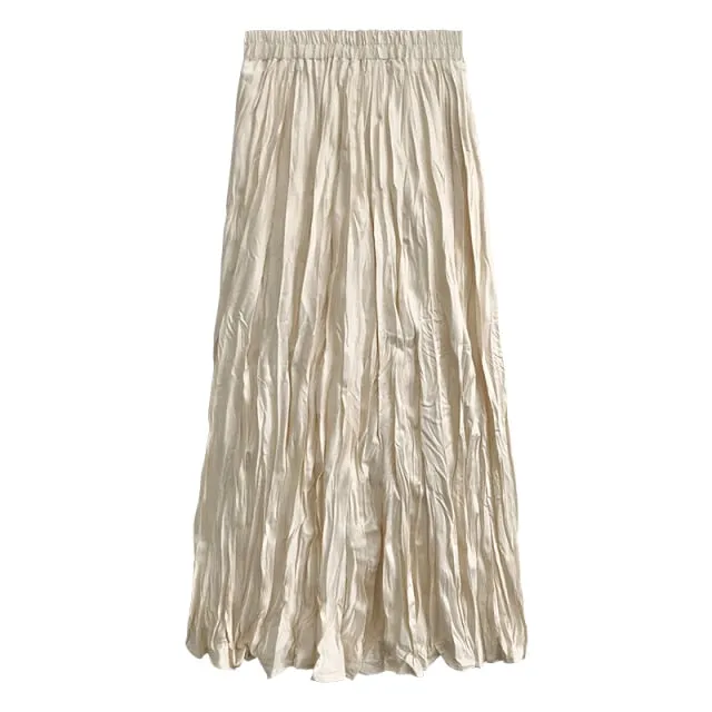 Wrinkled Pleated High-Waist A-Line Long Skirt