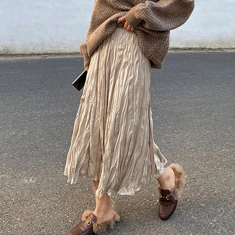 Wrinkled Pleated High-Waist A-Line Long Skirt