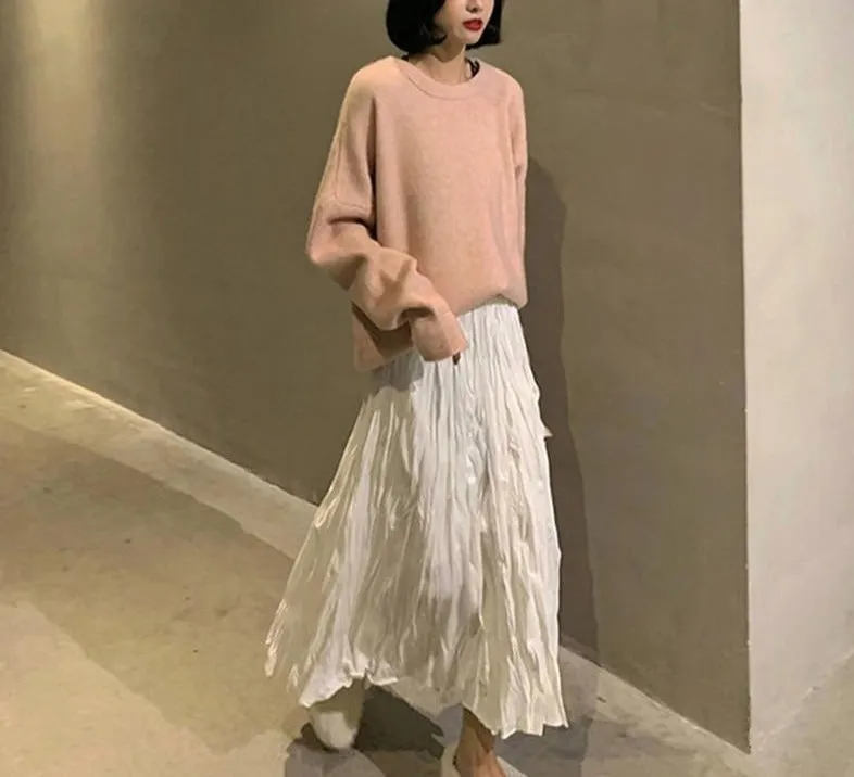 Wrinkled Pleated High-Waist A-Line Long Skirt