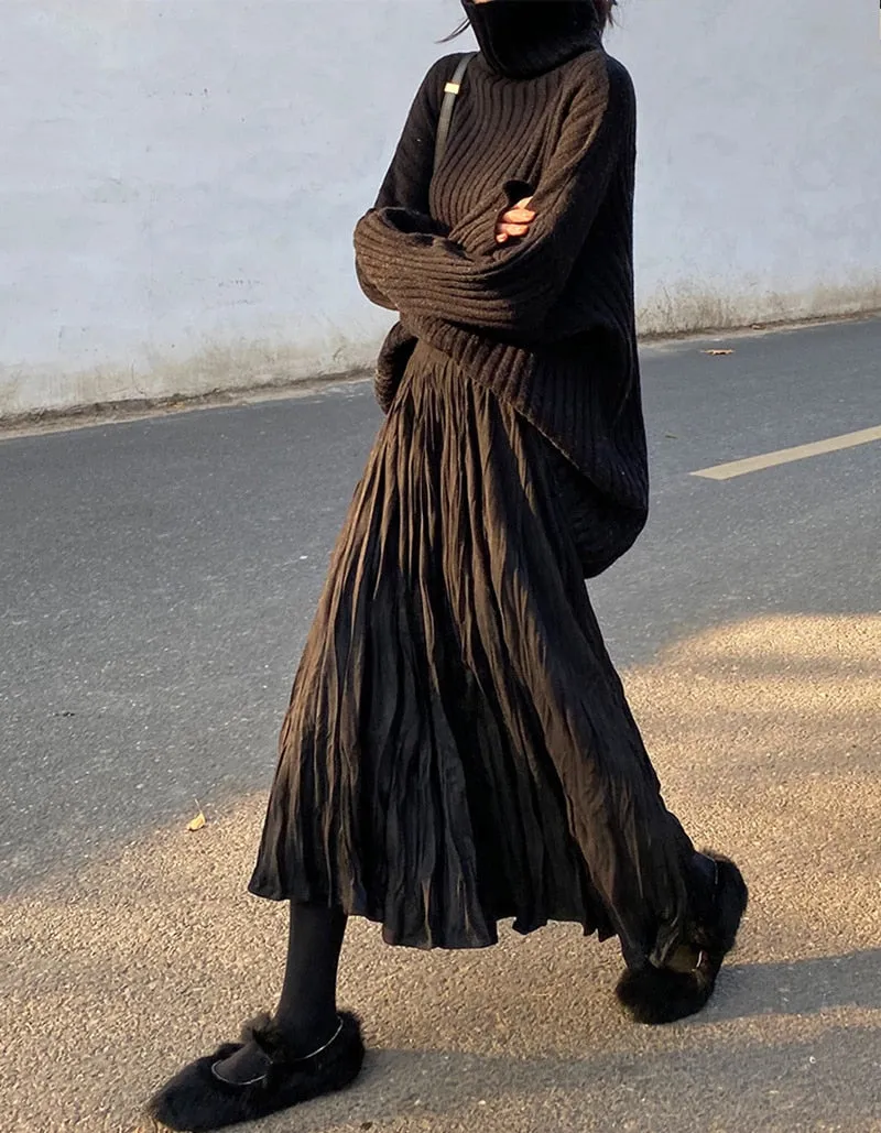 Wrinkled Pleated High-Waist A-Line Long Skirt