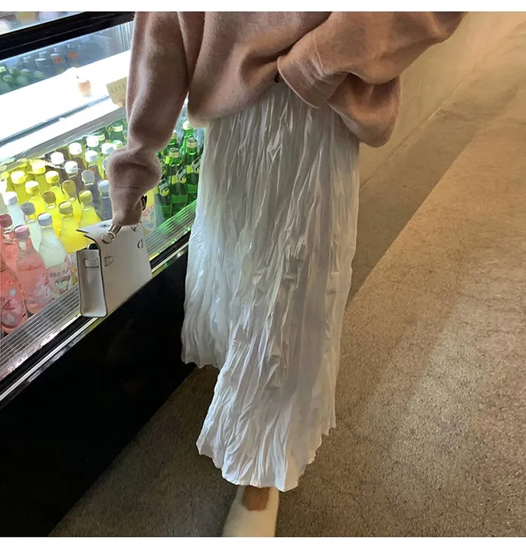 Wrinkled Pleated High-Waist A-Line Long Skirt
