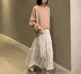 Wrinkled Pleated High-Waist A-Line Long Skirt
